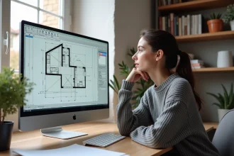 Femme utilisant un logiciel de plan gratuit sur ordinateur dans un bureau à domicile