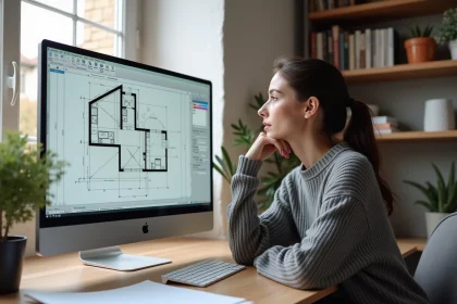 Femme utilisant un logiciel de plan gratuit sur ordinateur dans un bureau à domicile