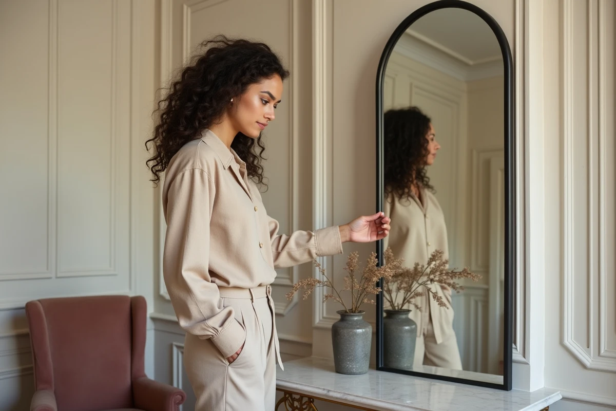 Femme décorant un salon parisien avec un miroir arqué à cadre noir posé sur une console en marbre