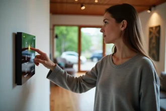 Femme utilisant un panneau de contrôle mural pour gérer sa maison connectée dans un salon moderne