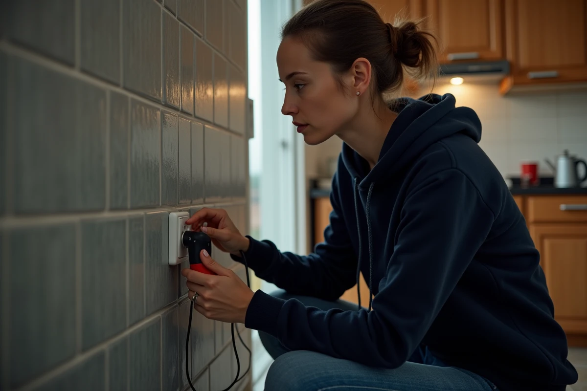 Une femme utilise un testeur de tension sur une prise électrique pour diagnostiquer une panne de courant dans sa cuisine