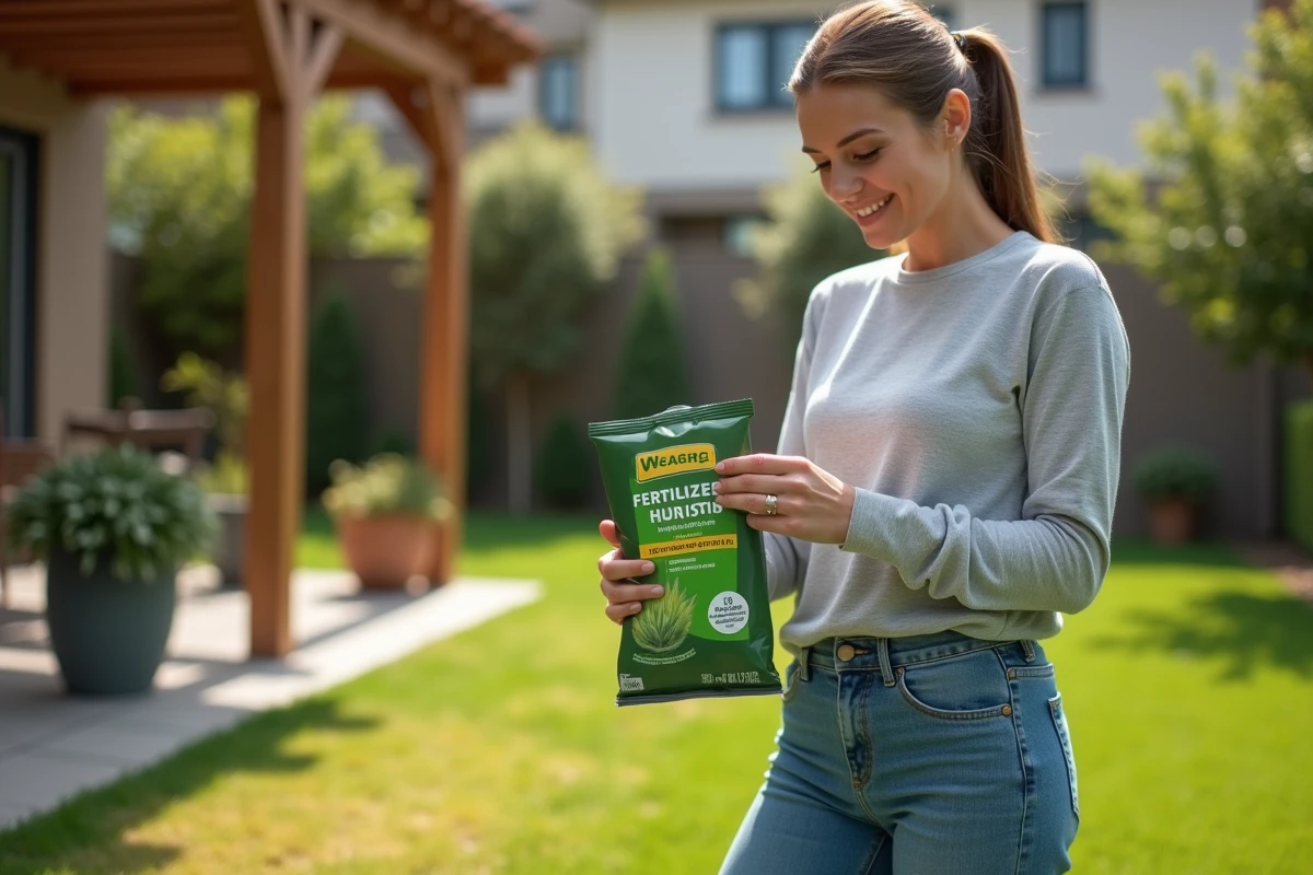Femme tenant un produit de traitement pour pelouse près d'une zone de gazon jaune dans son jardin