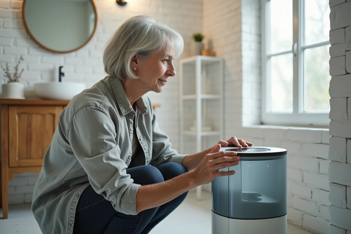 Femme vérifiant le réservoir d'eau d'un déshumidificateur dans une salle de bain moderne aux carreaux blancs
