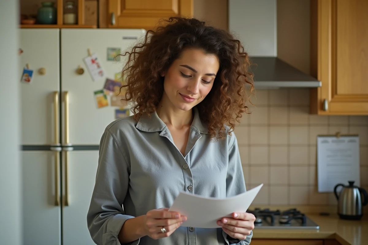 Femme consultant une liste d'entretien devant un vieux réfrigérateur pour estimer sa durée de vie restante