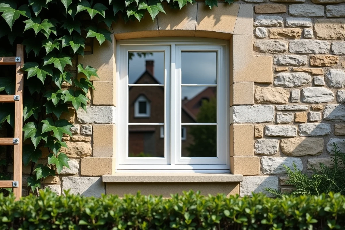 Fenêtre double vitrage PVC installée sur façade en pierre maison française pour crédit d'impôt rénovation énergétique