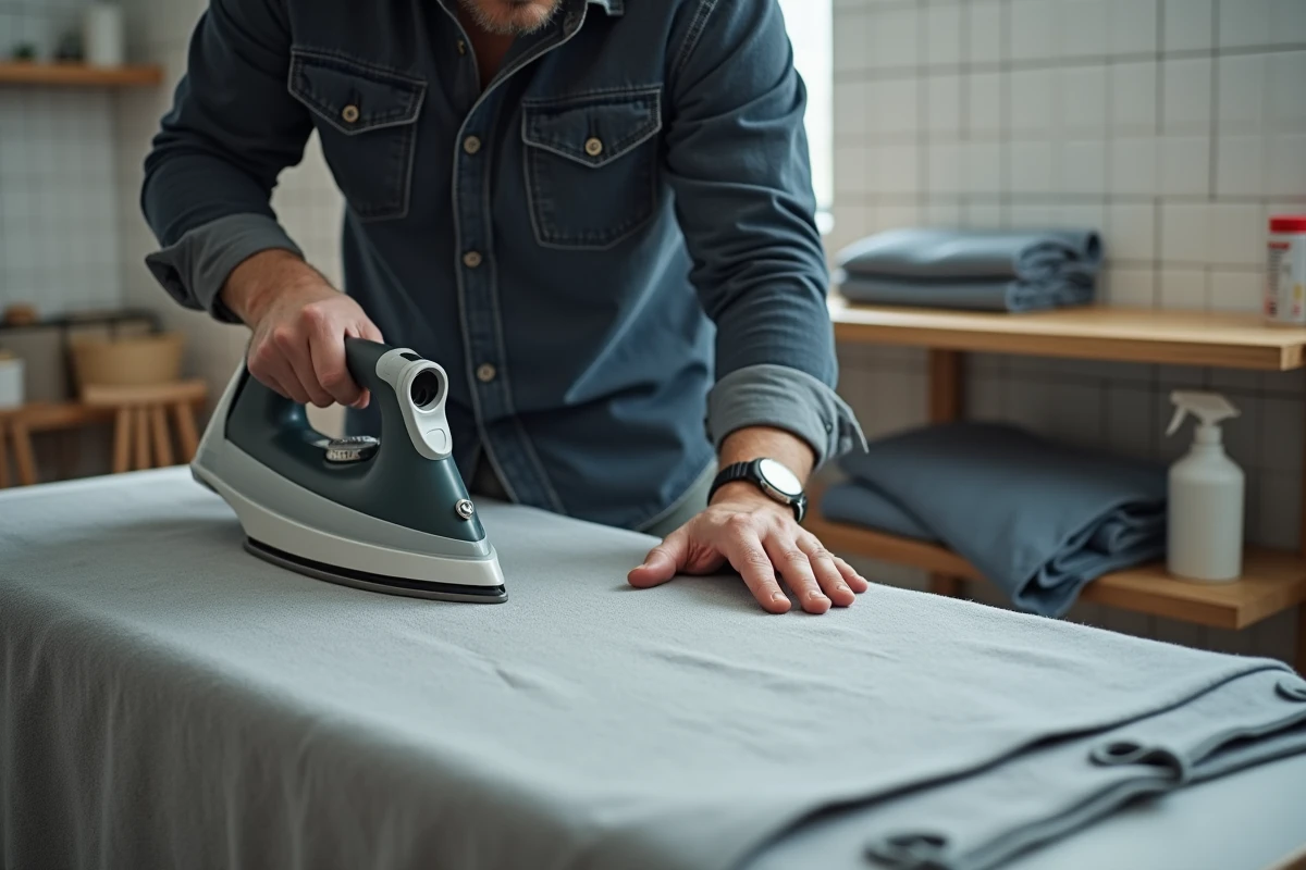 Homme utilisant un fer à repasser pour effectuer un transfert d'image sur tissu gris à la maison