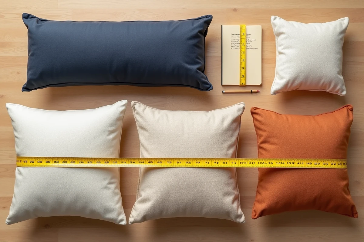 Vue de dessus de plusieurs housses de coussin de différentes tailles avec un mètre ruban et un carnet de mesures