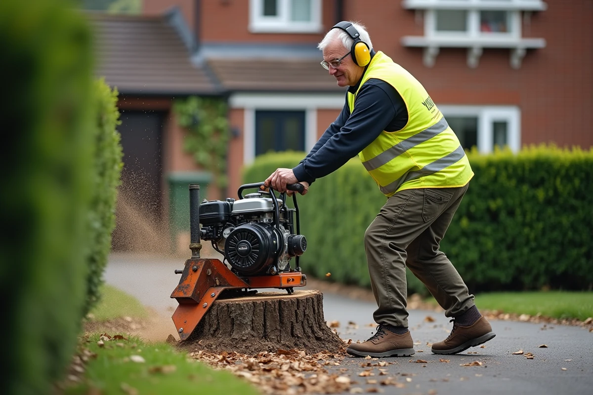 Professionnel utilisant une fraiseuse à souche motorisée pour enlever une souche d'arbre en zone résidentielle