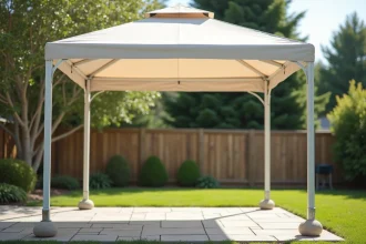 Gazebo blanc sur terrasse en pierre avec sacs de lest aux pieds pour maintien et stabilité