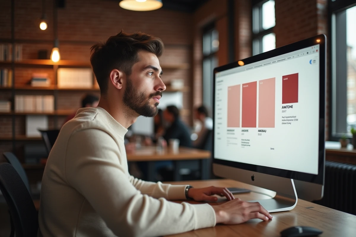 Graphiste masculin travaillant sur un outil de palette de couleurs Pantone 2026 sur écran dans un espace de coworking