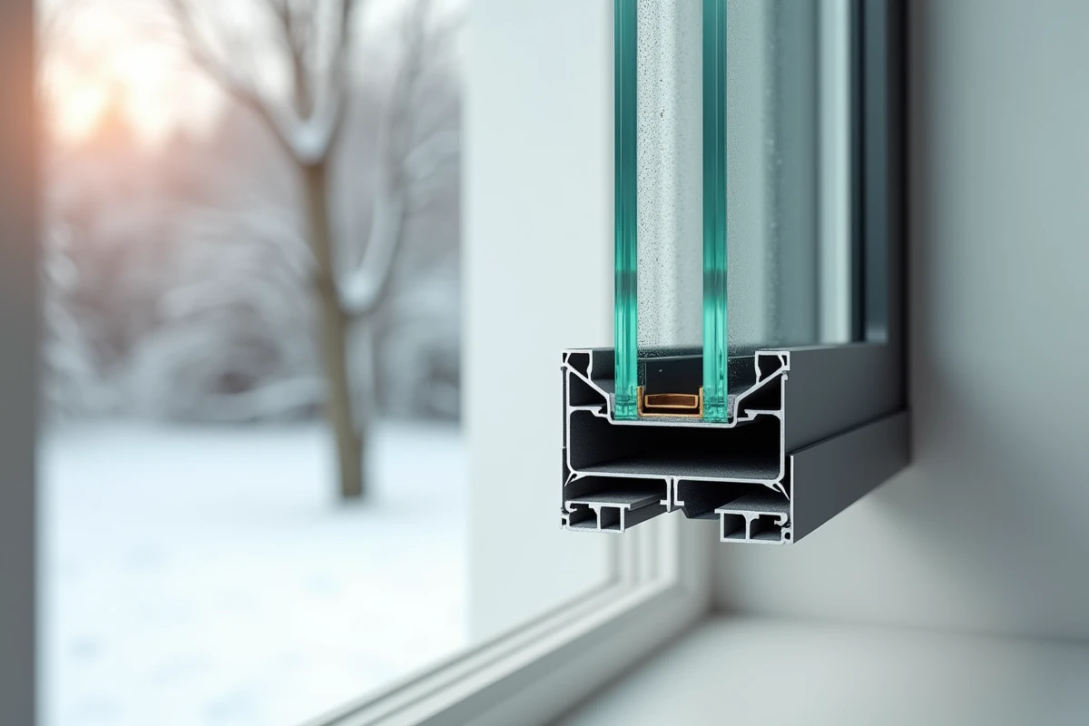 Gros plan sur la tranche d'une fenêtre à double vitrage montrant les deux vitres et le joint d'air isolant