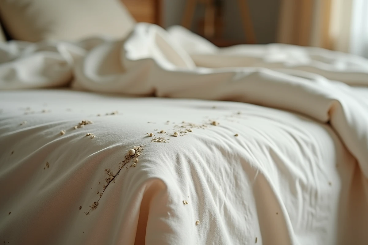 Gros plan sur un drap de lit vieilli montrant des boulochages, des fils usés et une décoloration indiquant qu'il doit être remplacé