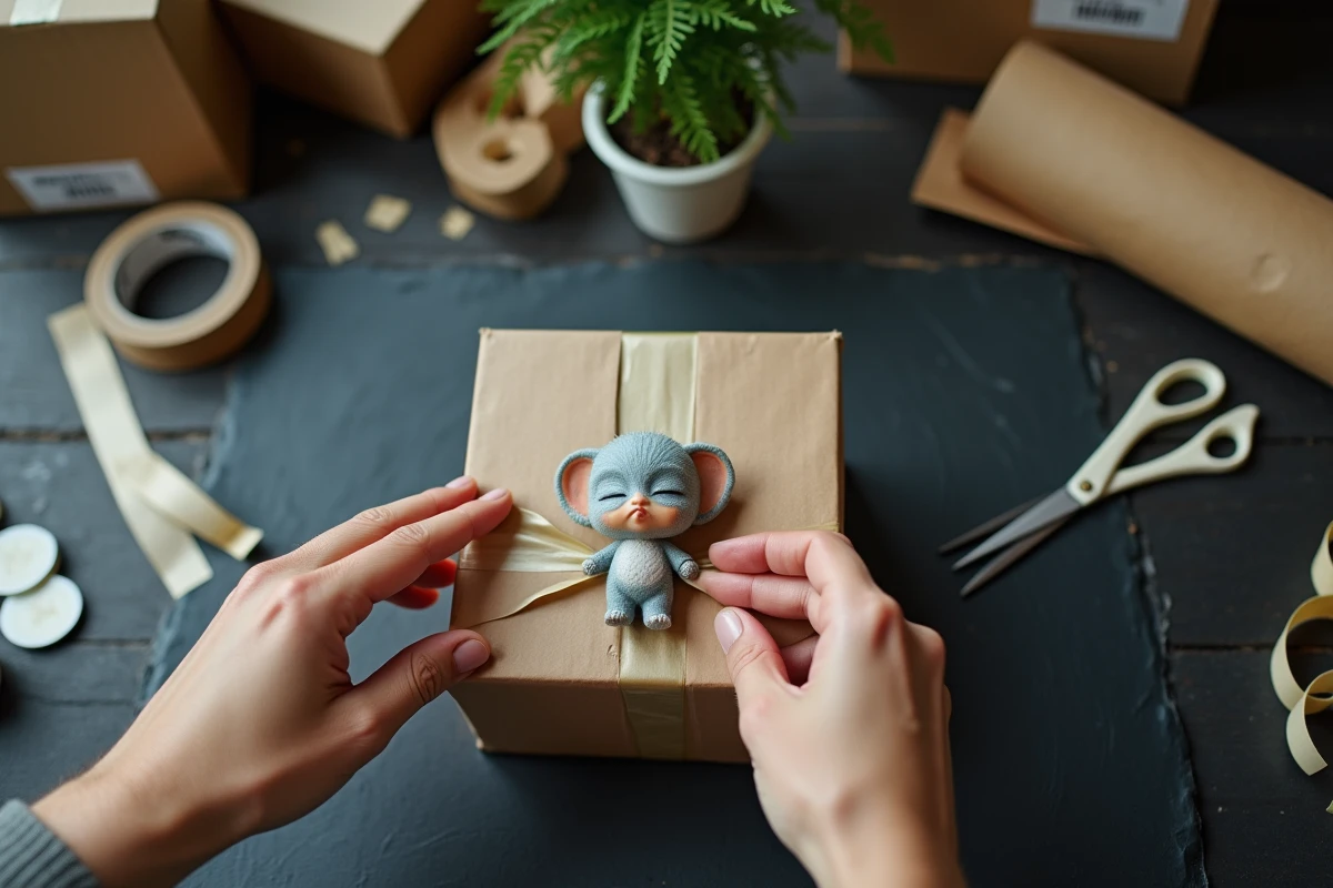 Gros plan de mains emballant une figurine en résine peinte dans du papier de soie