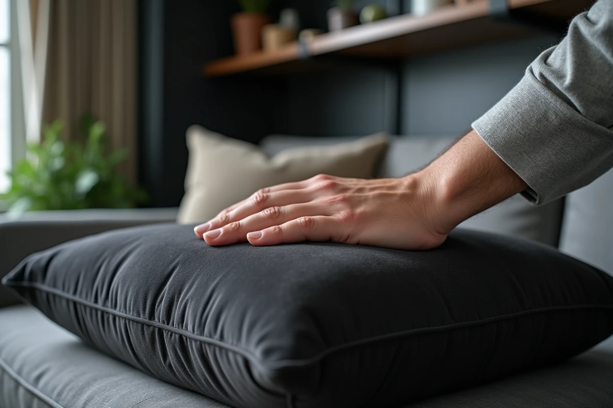 Gros plan d'une main pressant un coussin de canapé en velours pour évaluer sa densité
