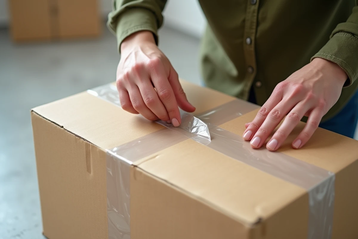 Gros plan sur des mains qui scotchent un carton avec du ruban adhésif transparent