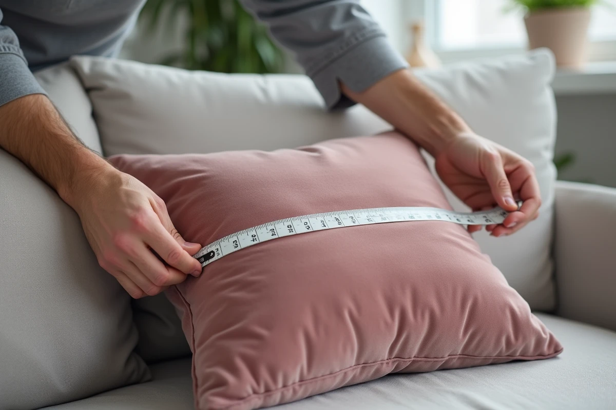 Gros plan sur des mains mesurant une housse de coussin en velours rose avec un mètre ruban métallique