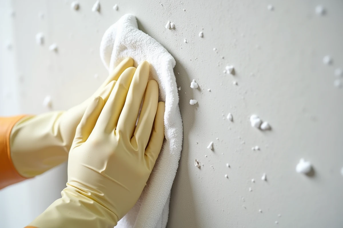Gros plan d'un gant en caoutchouc essuyant un mur en plâtre texturé avec un chiffon microfibre et de la mousse nettoyante