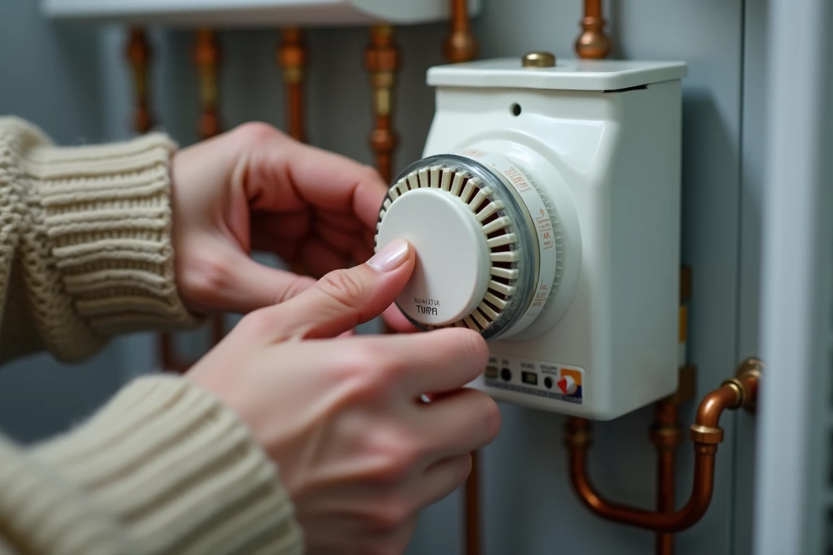 Gros plan sur des mains réglant les plots horaires d'un programmateur de chauffage mécanique hebdomadaire