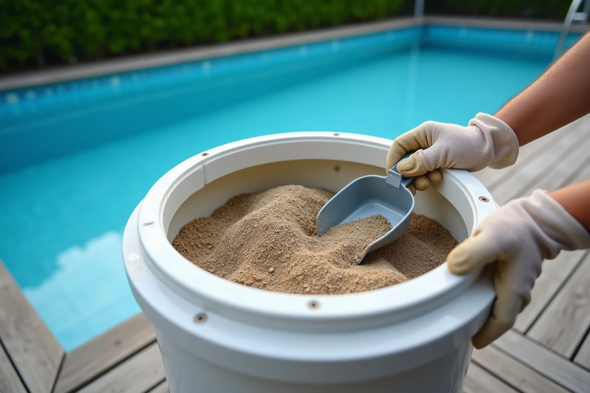 Gros plan sur le sable usé à l'intérieur d'un filtreur de piscine ouvert en cours de remplacement