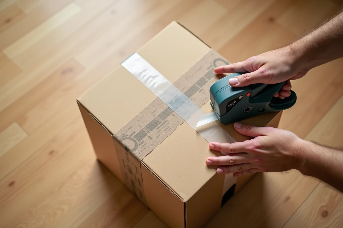 Gros plan sur des mains scotchant un carton de déménagement avec un dévidoir de ruban adhésif transparent