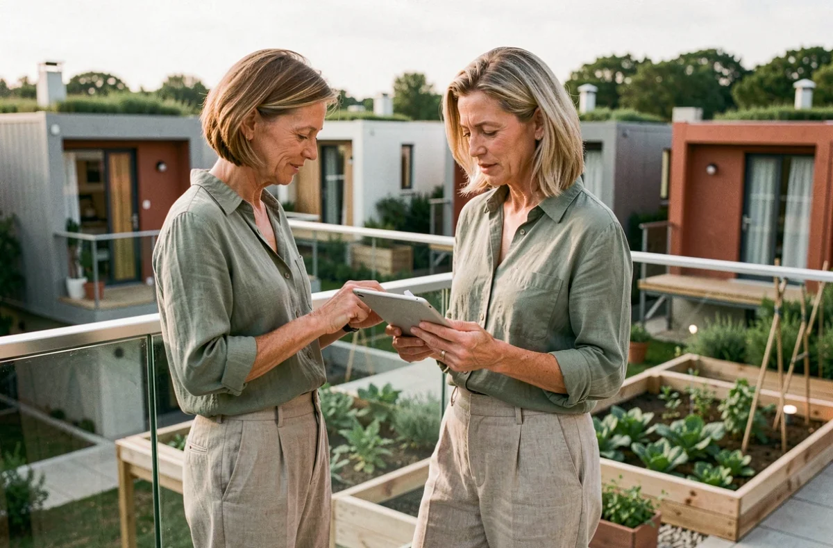 Femme consultant des plans architecturaux sur une terrasse de villa modulaire dans un espace de co-living innovant, illustrant l'évolution du concept de villa en 2026