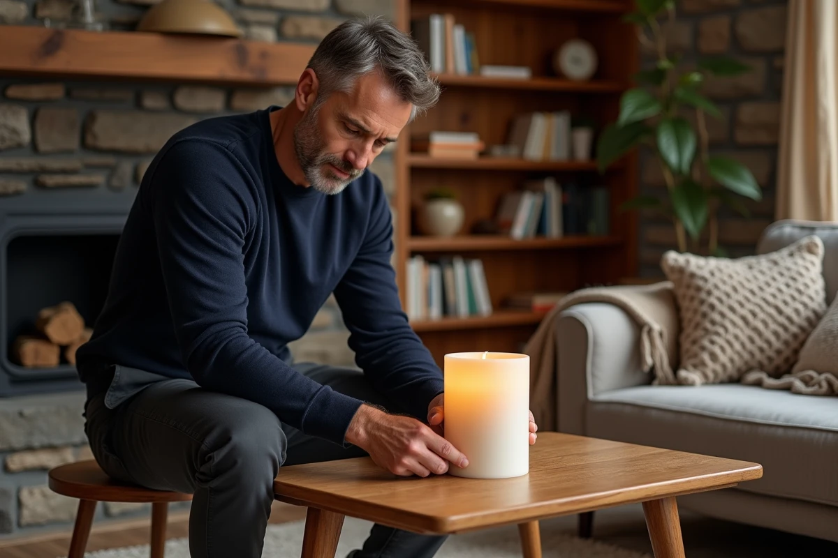 Homme allumant une bougie en cire de soja sur une table basse dans un salon chaleureux pour créer une atmosphère parfumée à la maison