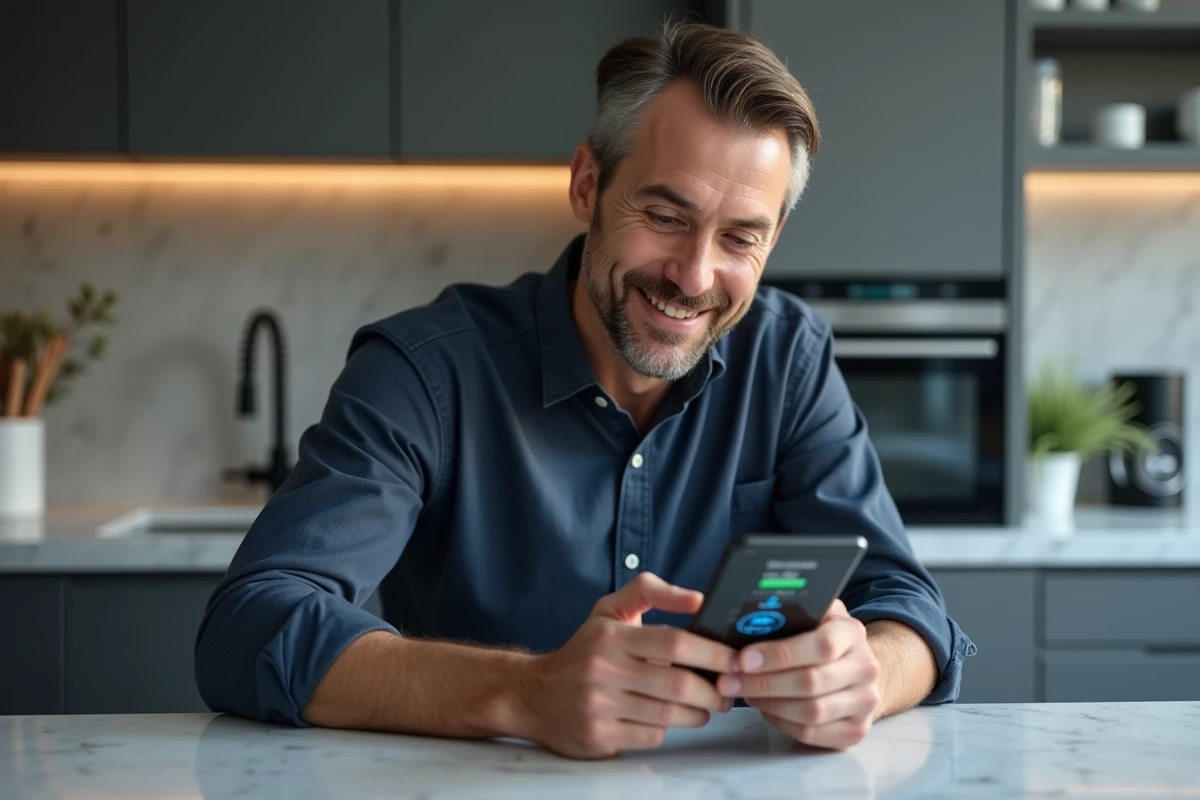 Homme consultant l'application domotique de sa maison connectée sur son smartphone dans une cuisine moderne