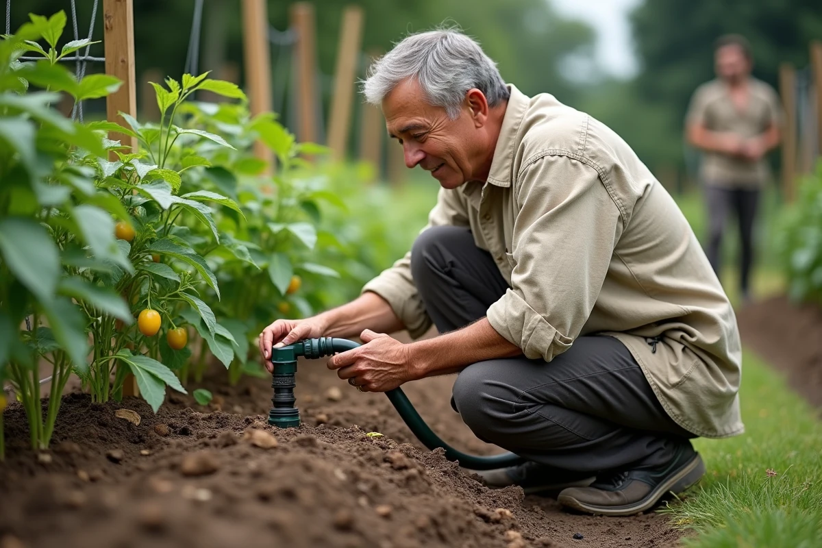 Homme arrosant des plants de poivrons et concombres dans un jardin potager avec un tuyau d'arrosage