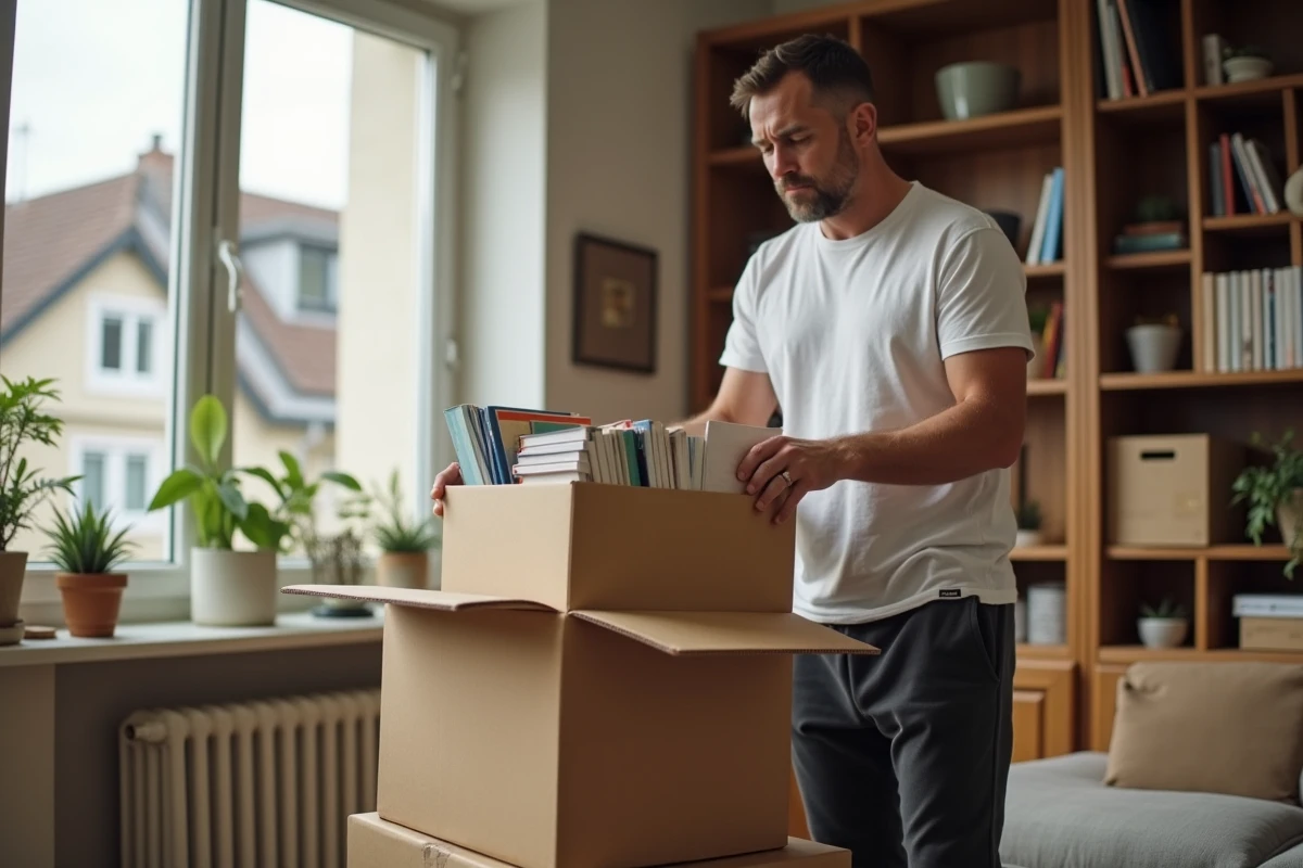 Homme rangeant des livres dans sa nouvelle maison lors d'un déménagement, exprimant à la fois la fatigue et l'optimisme de recommencer dans un nouveau logement