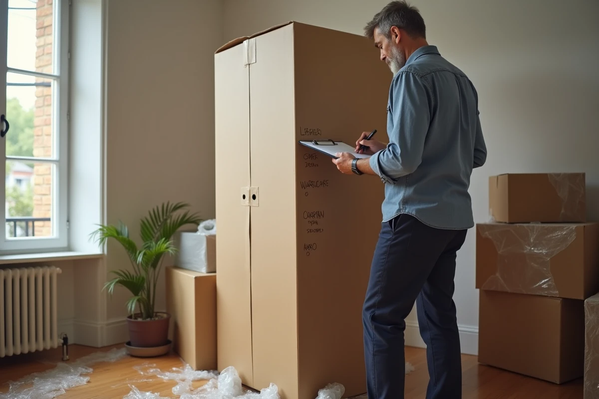 Homme étiquetant un carton penderie avec un marqueur et une liste lors de la préparation d'un déménagement