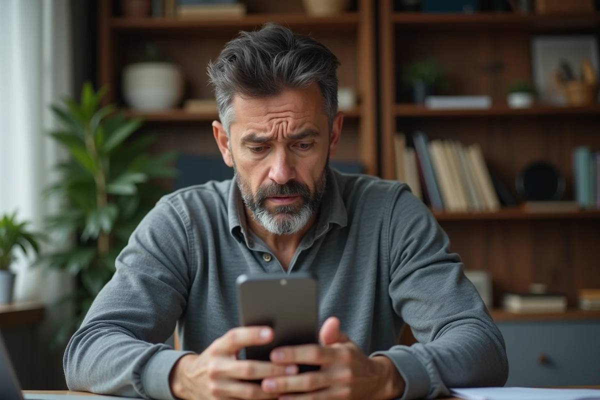 Homme frustré regardant une notification d'alarme sur son téléphone, illustrant les inconvénients d'un système d'alarme surveillé