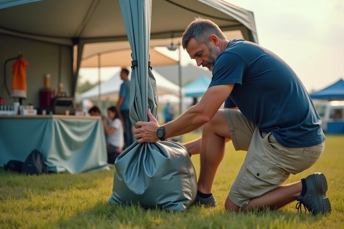 Homme fixant un sac de lest rempli d'eau sur un pied de gazebo lors d'une installation en plein air