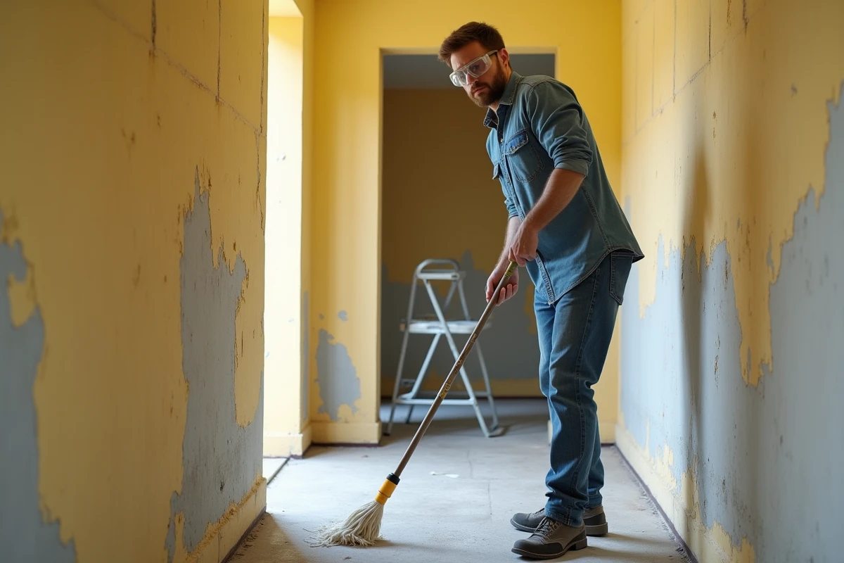 Homme appliquant une solution de nettoyage sur un mur en plâtre jauni avec un balai-éponge à long manche