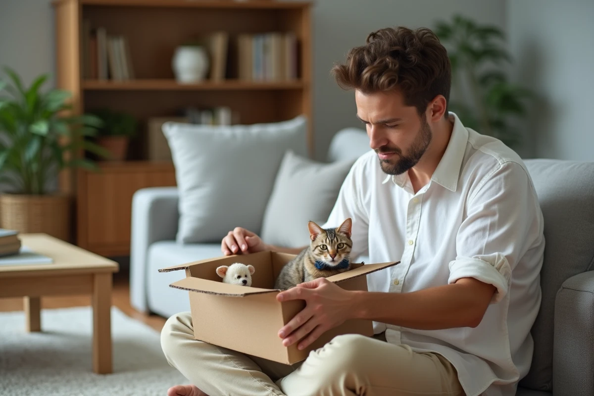 Homme examinant les accessoires essentiels pour accueillir un chaton dans son salon