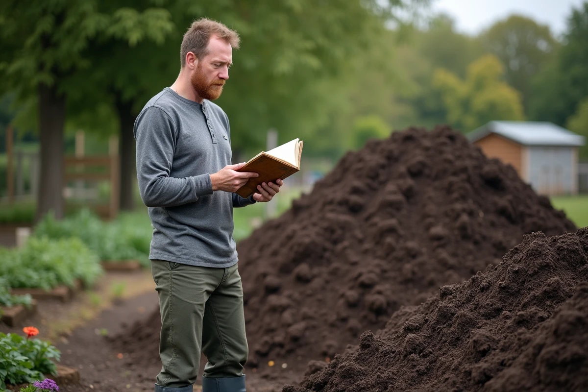 Un homme consulte un guide de compostage face à un tas de compost mal équilibré et trop humide dans un potager