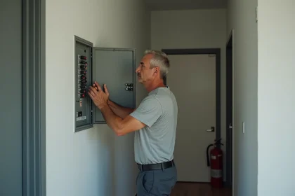 Un homme inspecte le tableau électrique de sa maison pour rétablir l'électricité après une panne