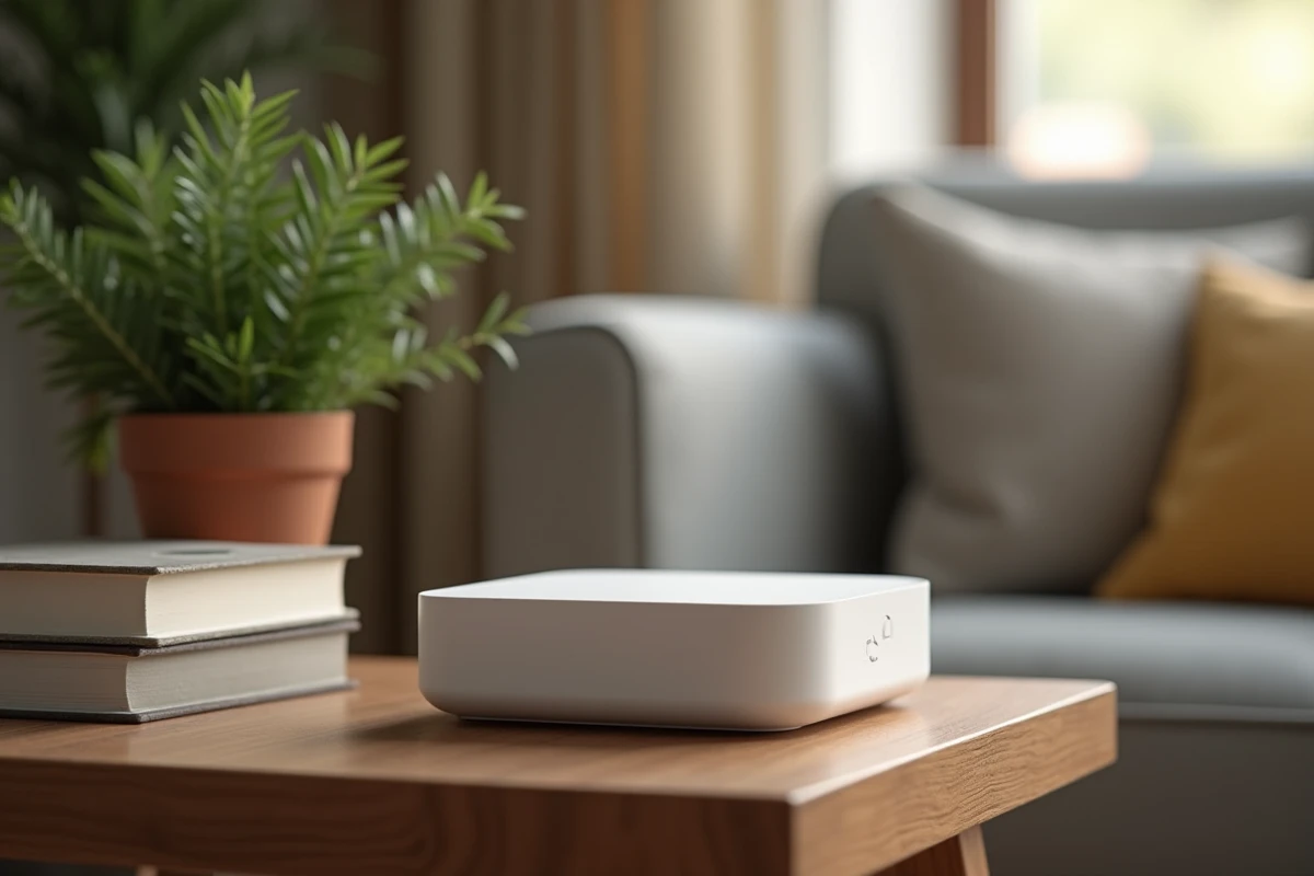 Hub domotique et enceinte connectée posés sur une table en bois dans un salon, illustrant l'écosystème d'une maison intelligente