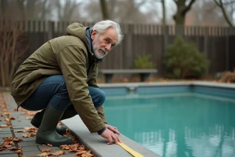 Homme inspectant le niveau d'eau d'une piscine en automne pour la mise en hivernage