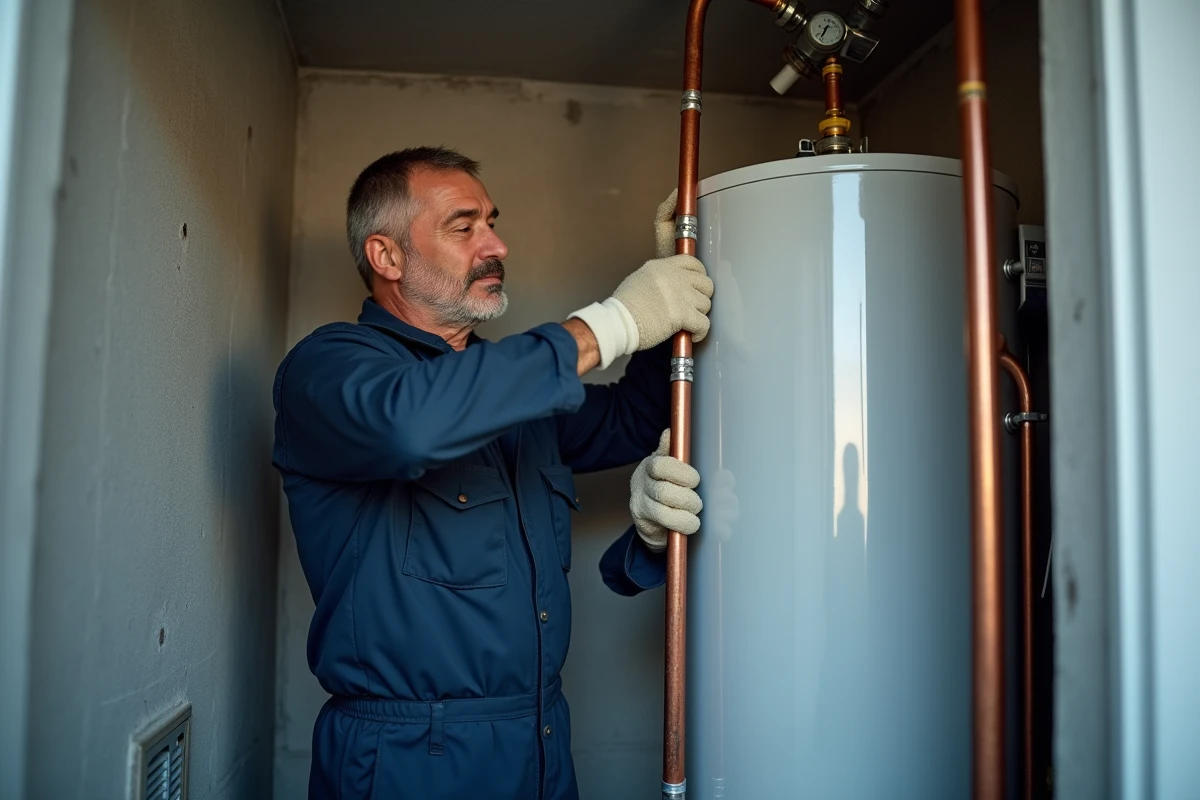Technicien installant un ballon d'eau chaude solaire dans une chaufferie intérieure avec tuyauterie cuivre