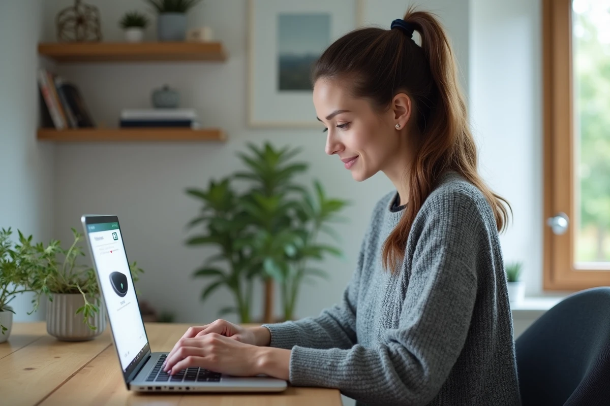Femme installant un système de caméra de sécurité sans fil depuis son bureau à domicile pour prévenir les intrusions