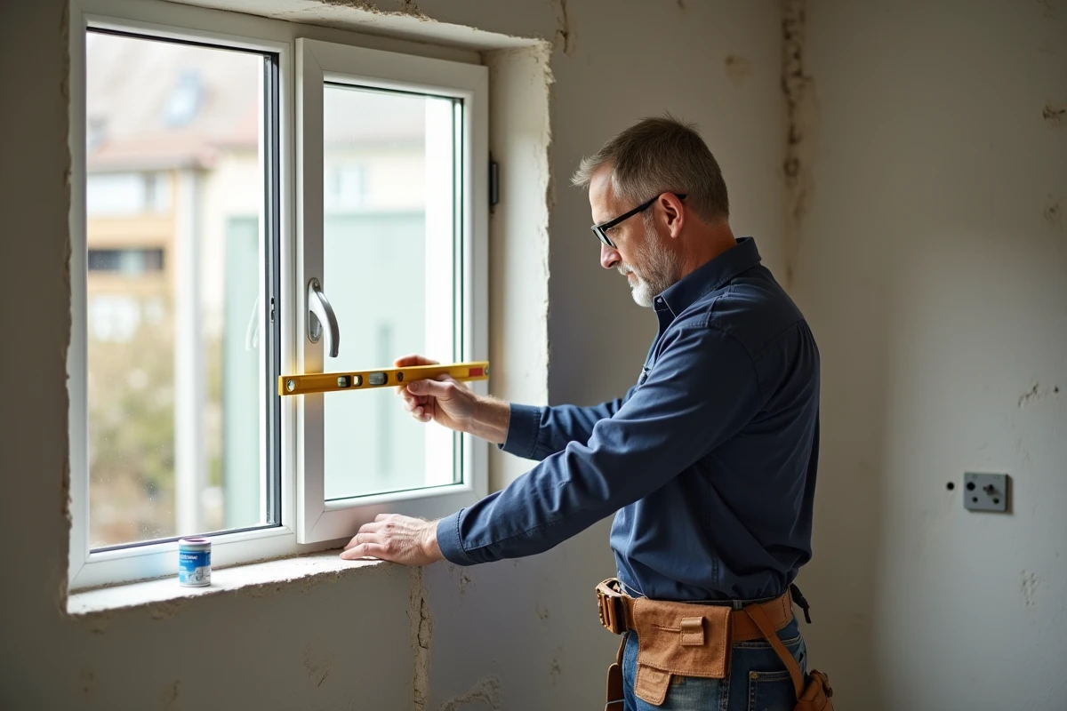 Artisan posant une nouvelle fenêtre en PVC double vitrage dans un appartement en rénovation