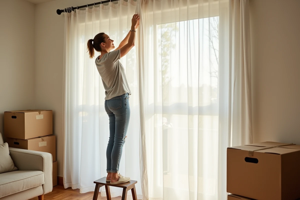Femme installant un rideau occultant thermique blanc sur une fenêtre de salon pour bloquer la lumière du soleil à moindre coût