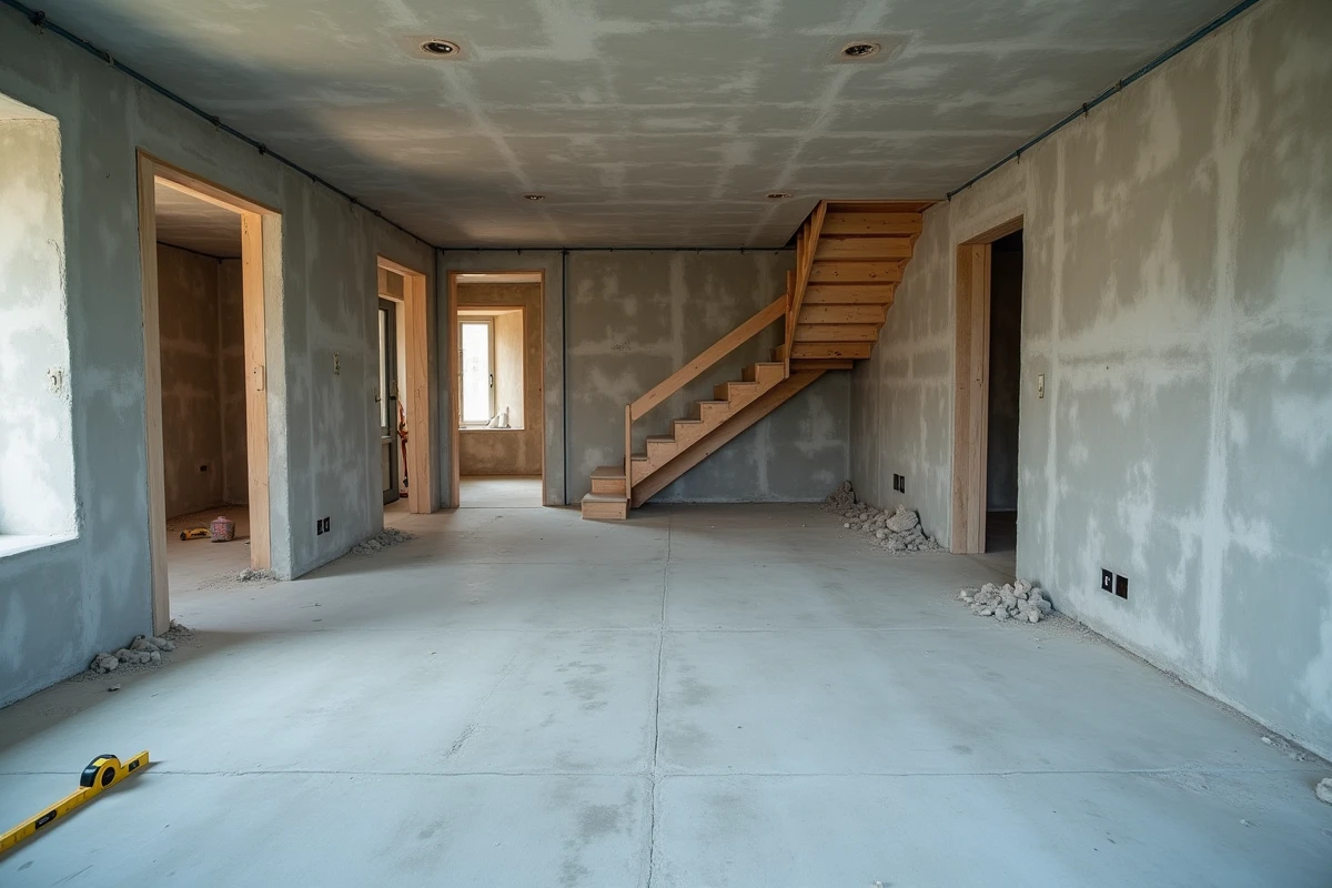 Intérieur d'une maison de 200m2 en cours de construction montrant les matériaux bruts et l'espace disponible