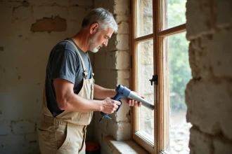 Artisan appliquant un joint d'étanchéité sur l'encadrement en bois d'une fenêtre ancienne dans un bâtiment en pierre