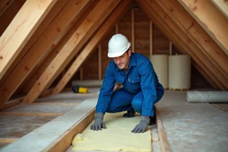 Technicien installant une isolation thermique en laine minérale dans les combles d'une maison lors de travaux de rénovation énergétique