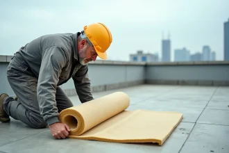 Ouvrier posant des panneaux de laine minérale sur une toiture-terrasse plate en milieu urbain