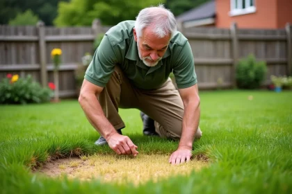 Jardinier inspectant une tache jaune sur une pelouse verte dans un jardin suburban