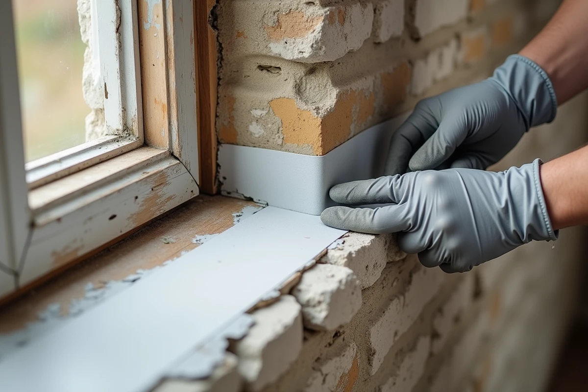 Pose d'un joint isolant en mousse expansive sur l'encadrement d'une fenêtre en pierre d'un bâtiment ancien