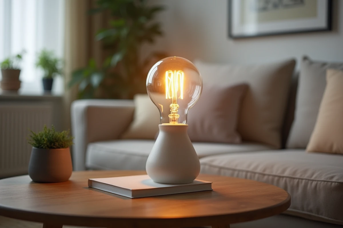 Lampe de salon avec ampoule LED à filament visible illustrant les économies d'énergie dans un intérieur moderne