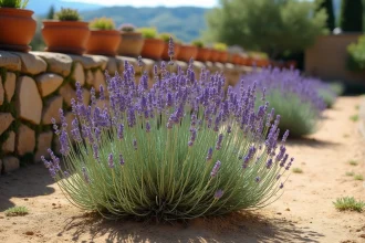 Plant de lavande en pleine floraison dans un jardin provençal avec des épis violets sur fond de mur en pierre